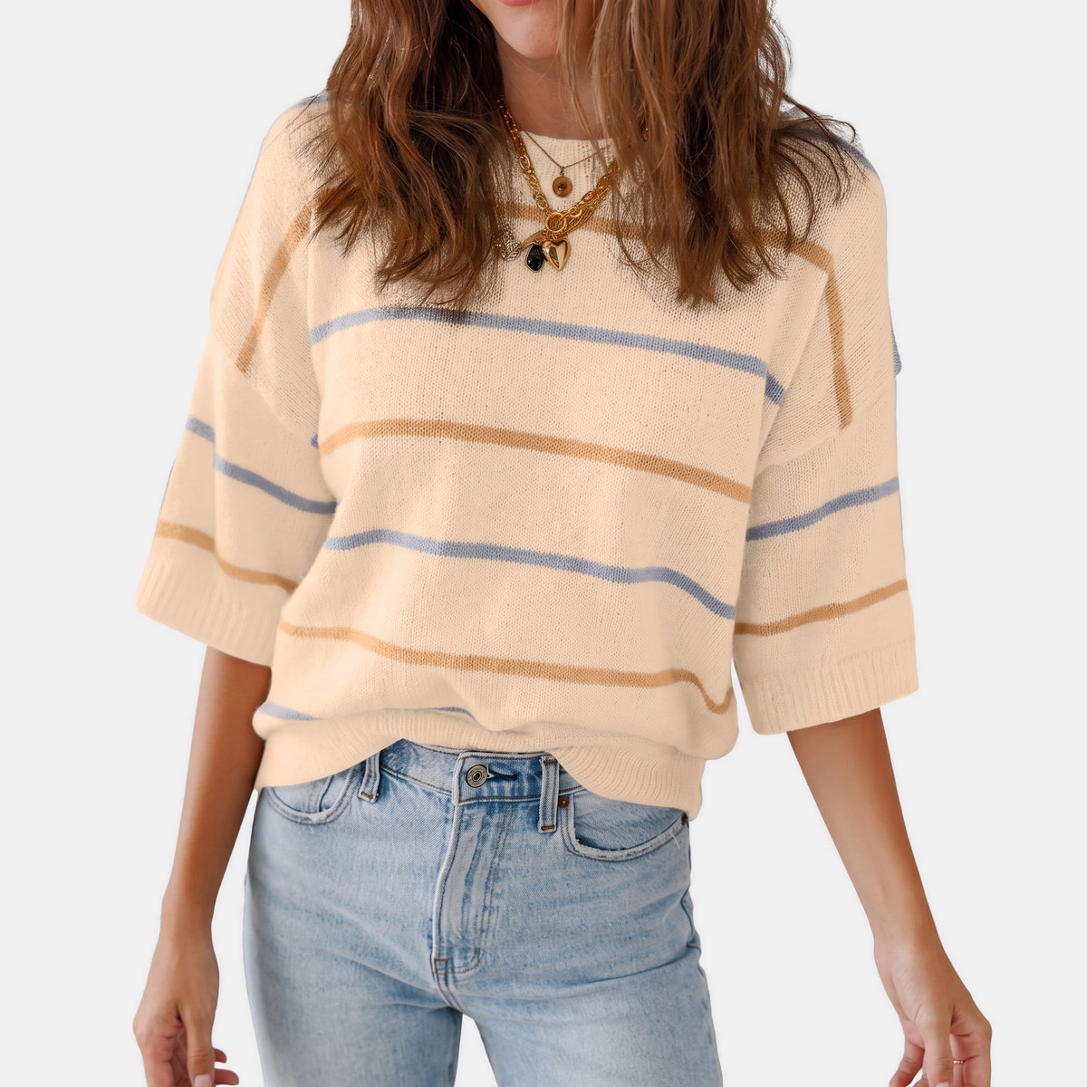 Women's Striped Knit Oversized Sweater with Ribbed Cuffs
