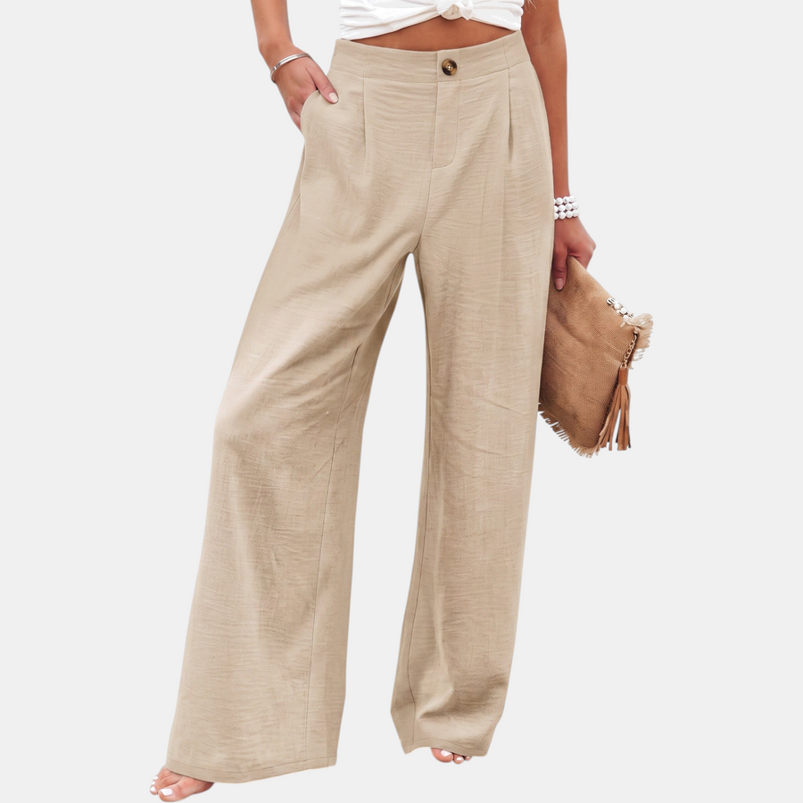 Women's Button Front Linen Pants High Waist Wide Leg Trousers