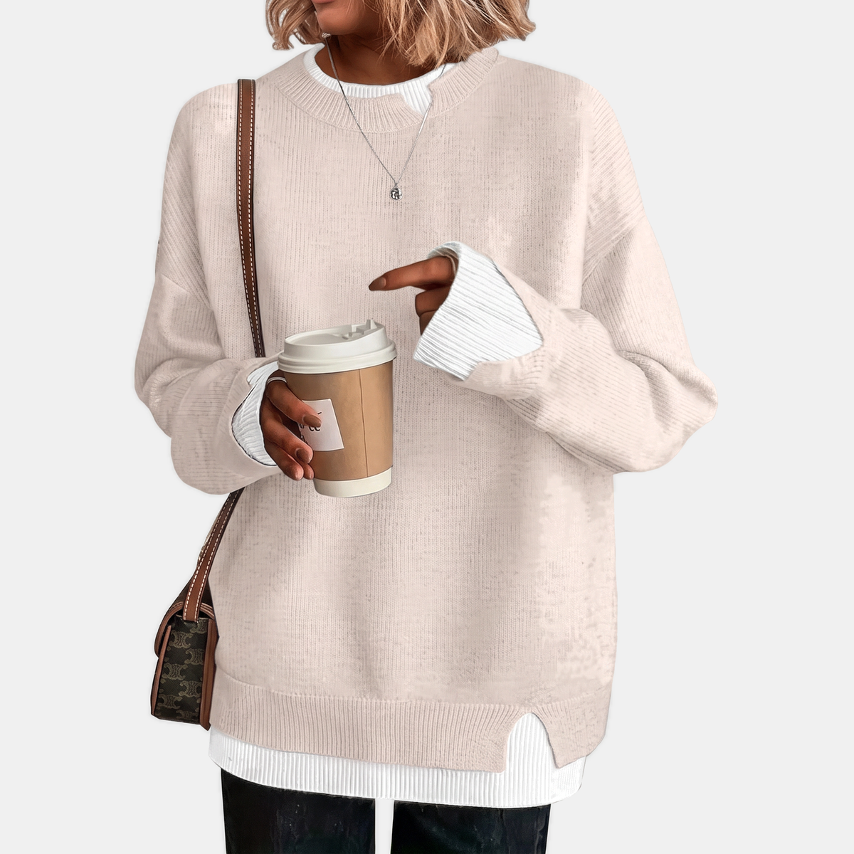 Women's Faux Layered Oversized Sweater with Ribbed Contrast Cuffs and Hem