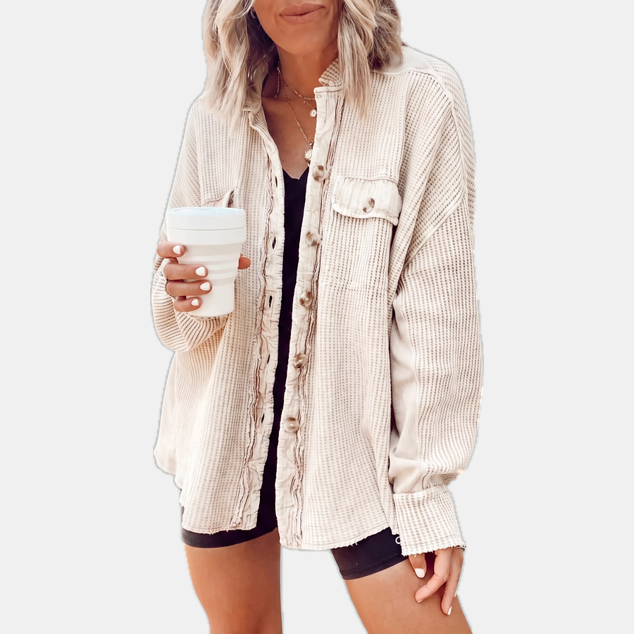 Women's Waffle Knit Raw Hem Button Down Shacket