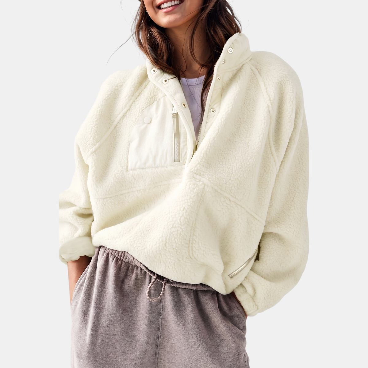 Women's Colorblock Sherpa Fleece Cropped Pullover Jacket