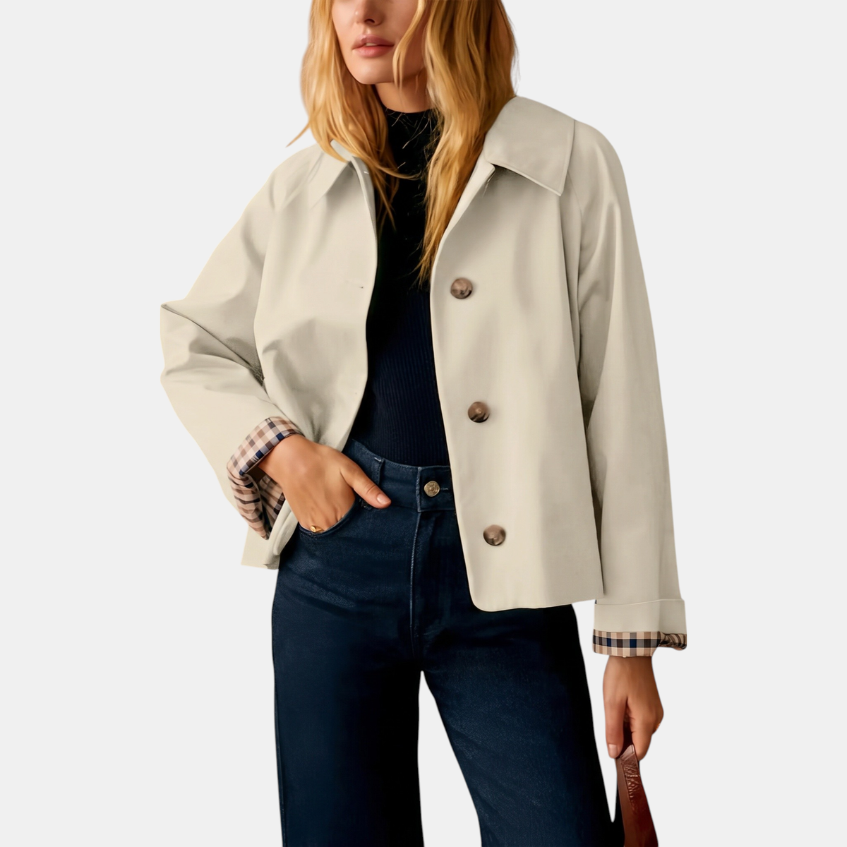 Women's Cropped Trench Coat Single Breasted with Checkered Lining