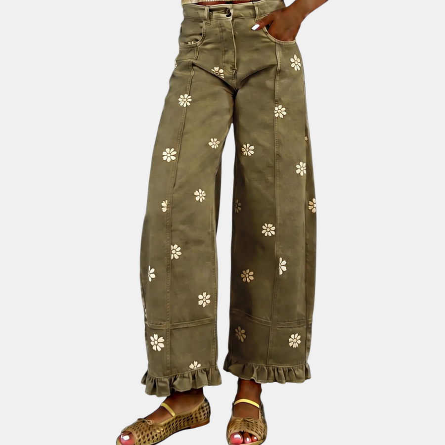 Women's Baggy Jeans Wide Leg Floral Ruffle Hem Denim Pants