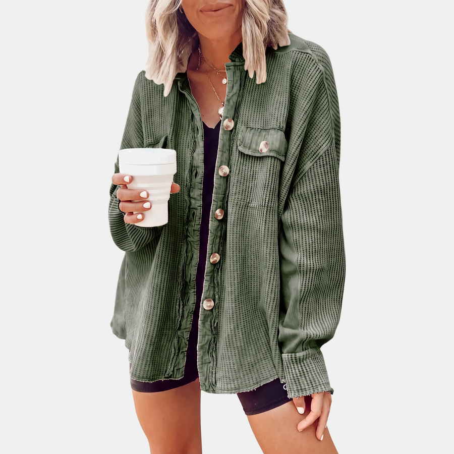 Women's Waffle Knit Raw Hem Button Down Shacket