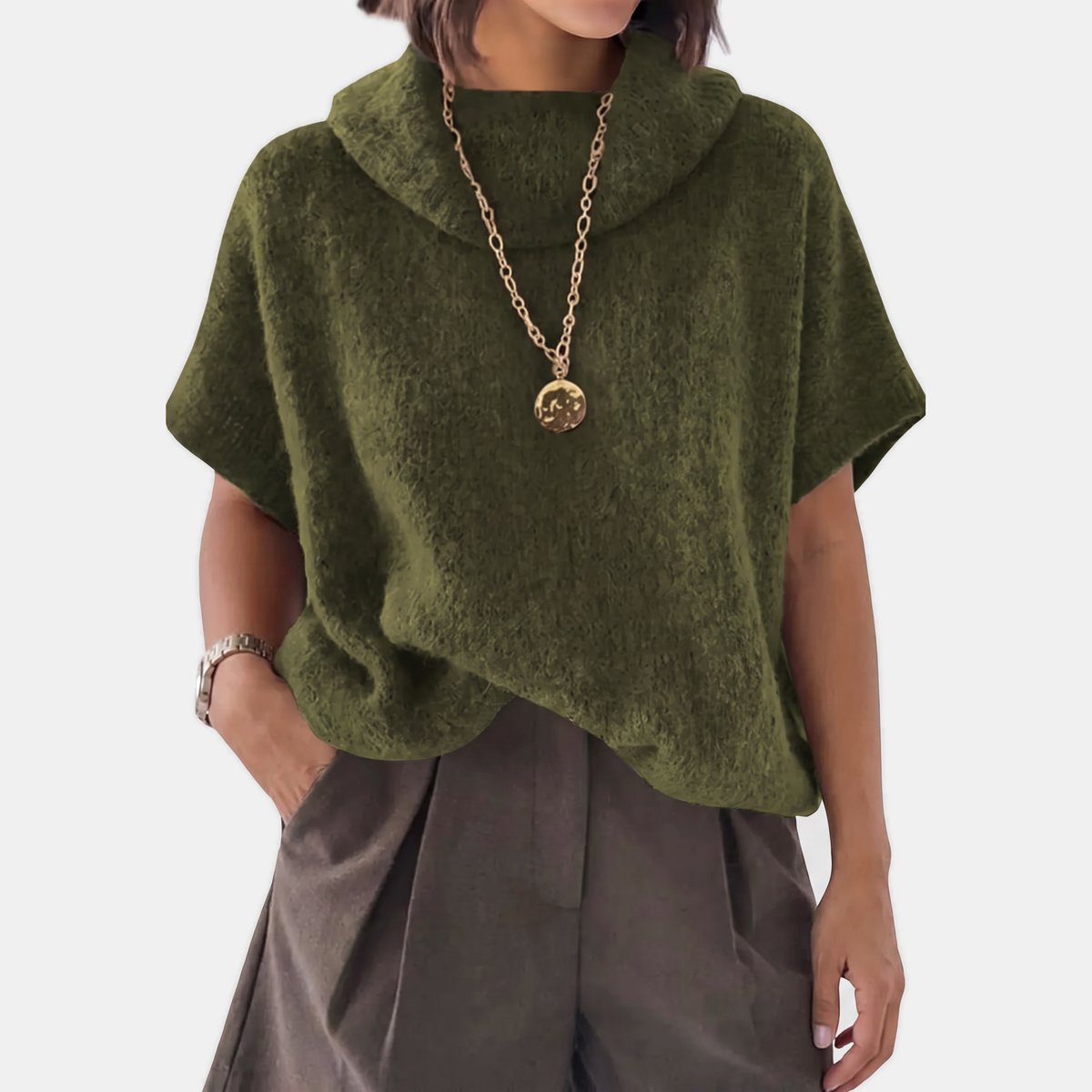 Women's Turtleneck Oversized Batwing Short Sleeve Knit Sweater