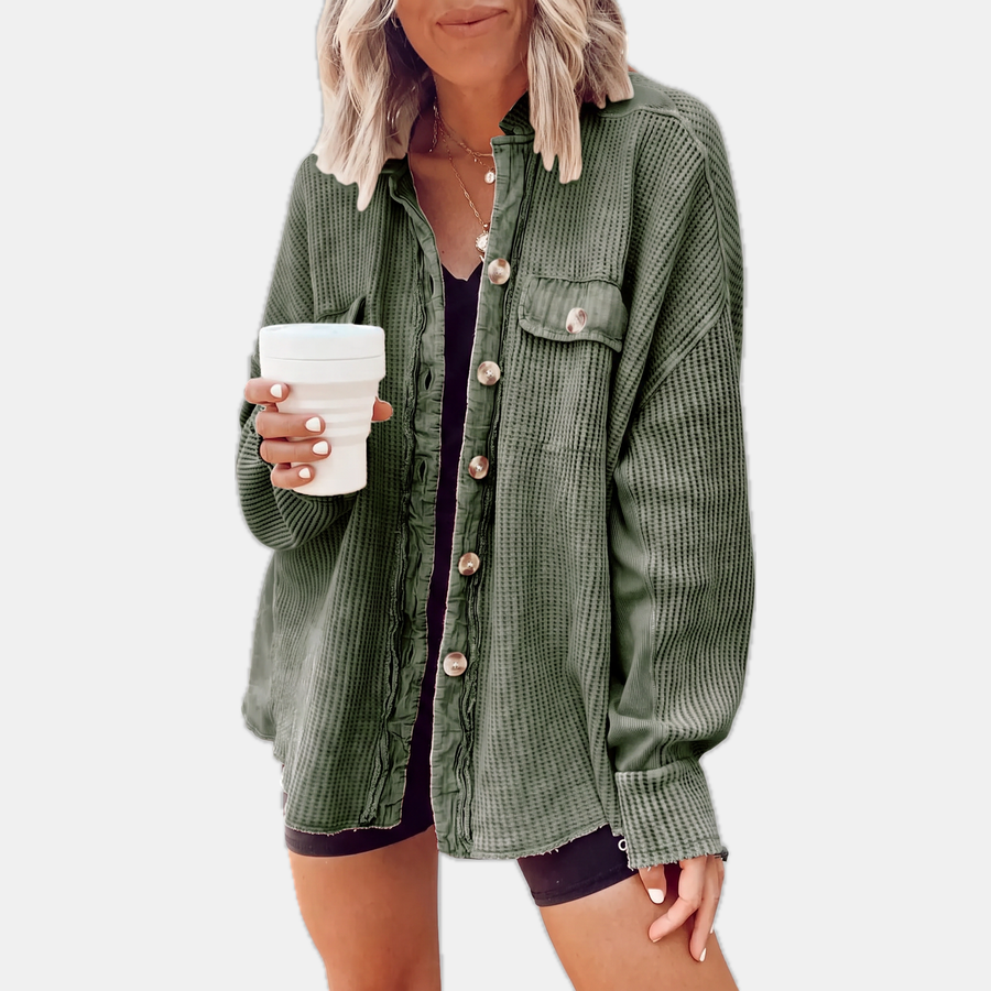 Women's Waffle Knit Raw Hem Button Down Shacket