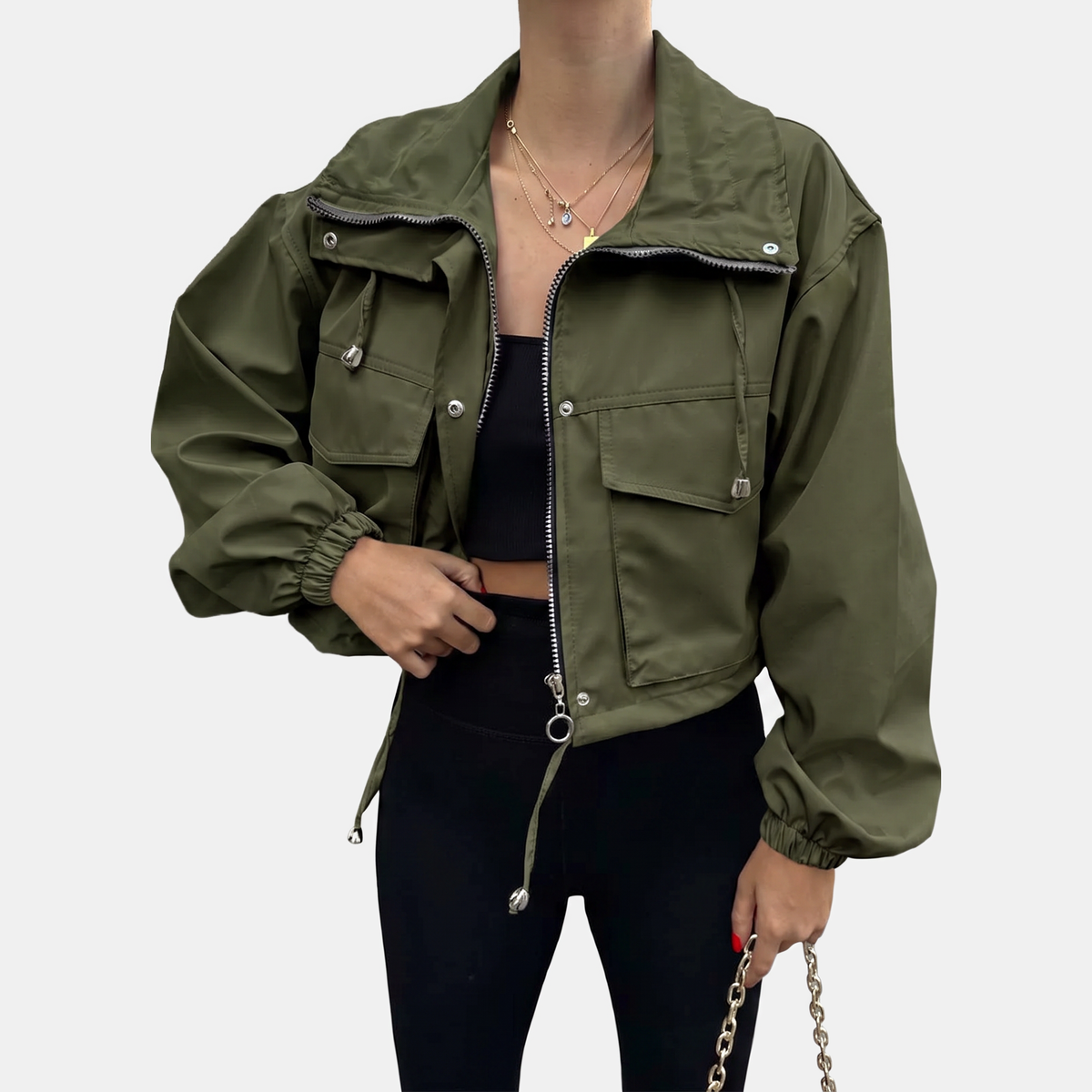 Women's Cropped Utility Zip Up Jacket with Snap Button Pockets