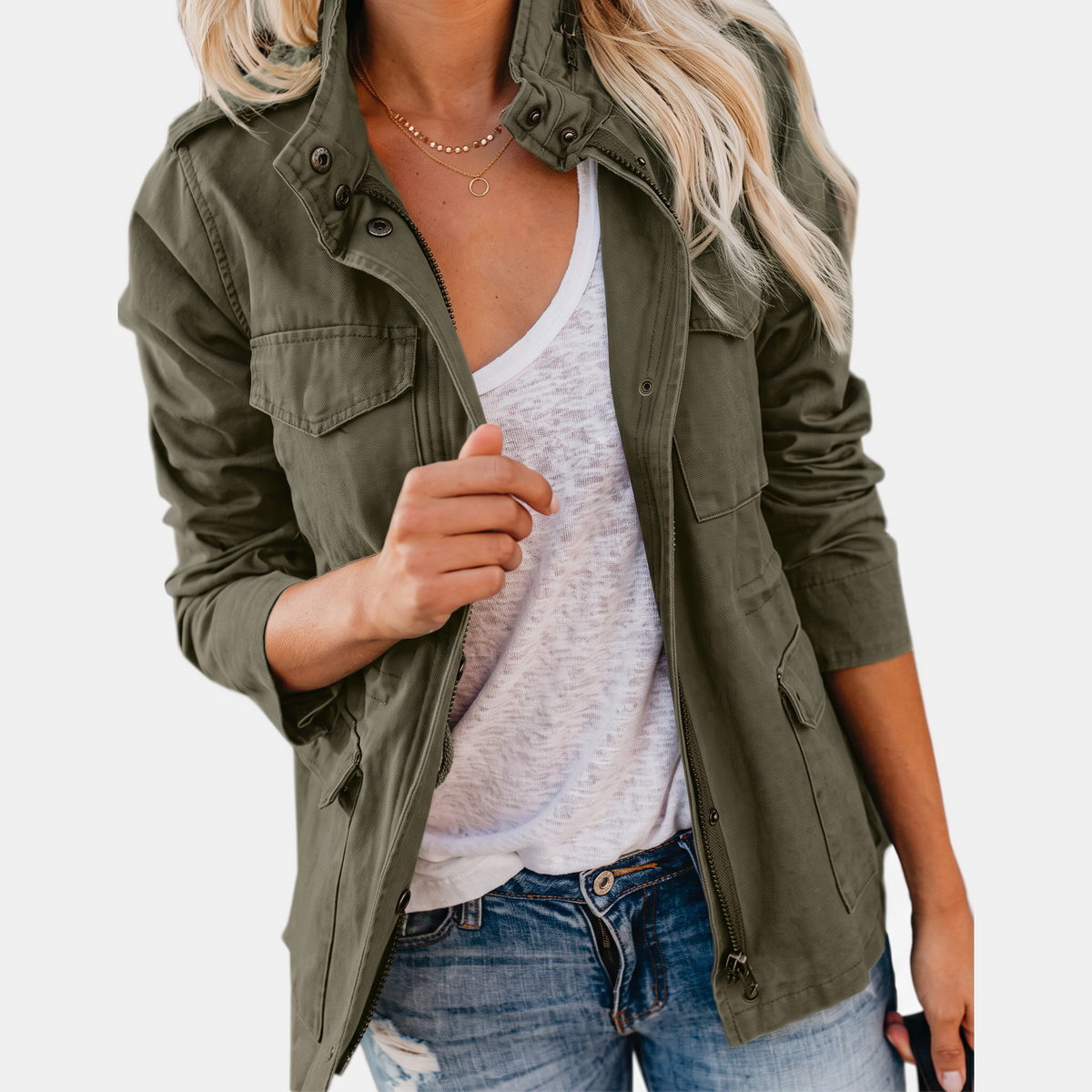 Women's Utility Field Jacket Zip Up Multi Pocket Snap Button Anorak