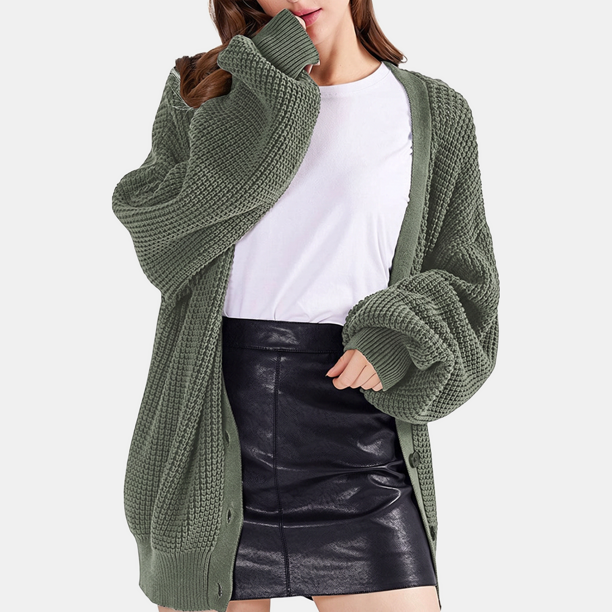 Women's Waffle Knit Cardigan Sweater with Balloon Sleeves