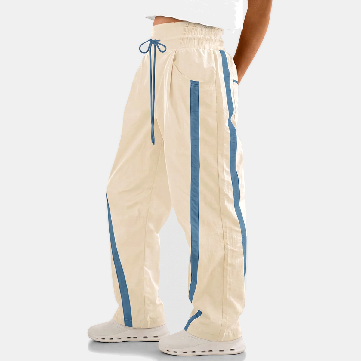 Women's Wide Leg Barrel Pants with Contrast Side Stripe Drawstring Waist