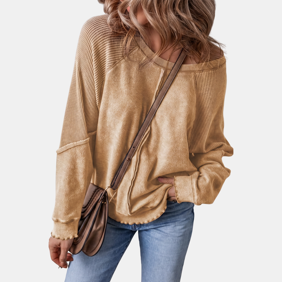 Women's Crewneck Exposed Seam Waffle Knit Oversized Sweatshirt