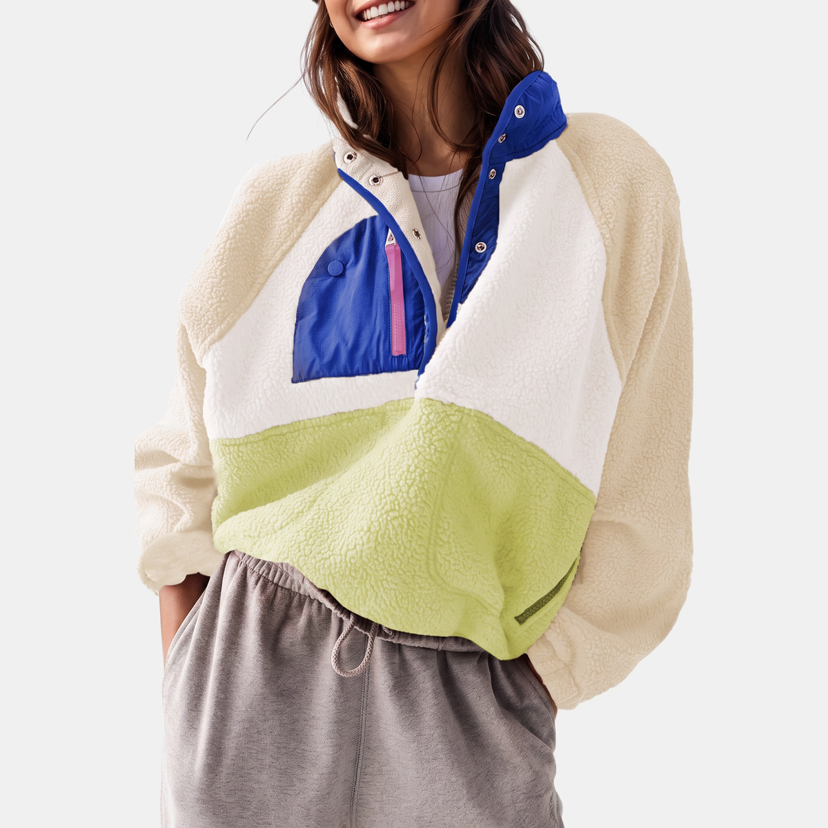 Women's Colorblock Sherpa Fleece Cropped Pullover Jacket