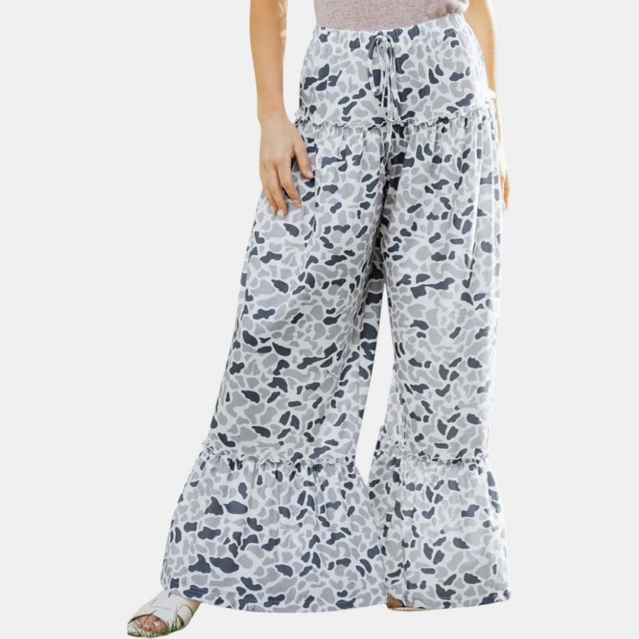 Women's Ruffle Hem Wide Leg Camo Pants with Drawstring Waist