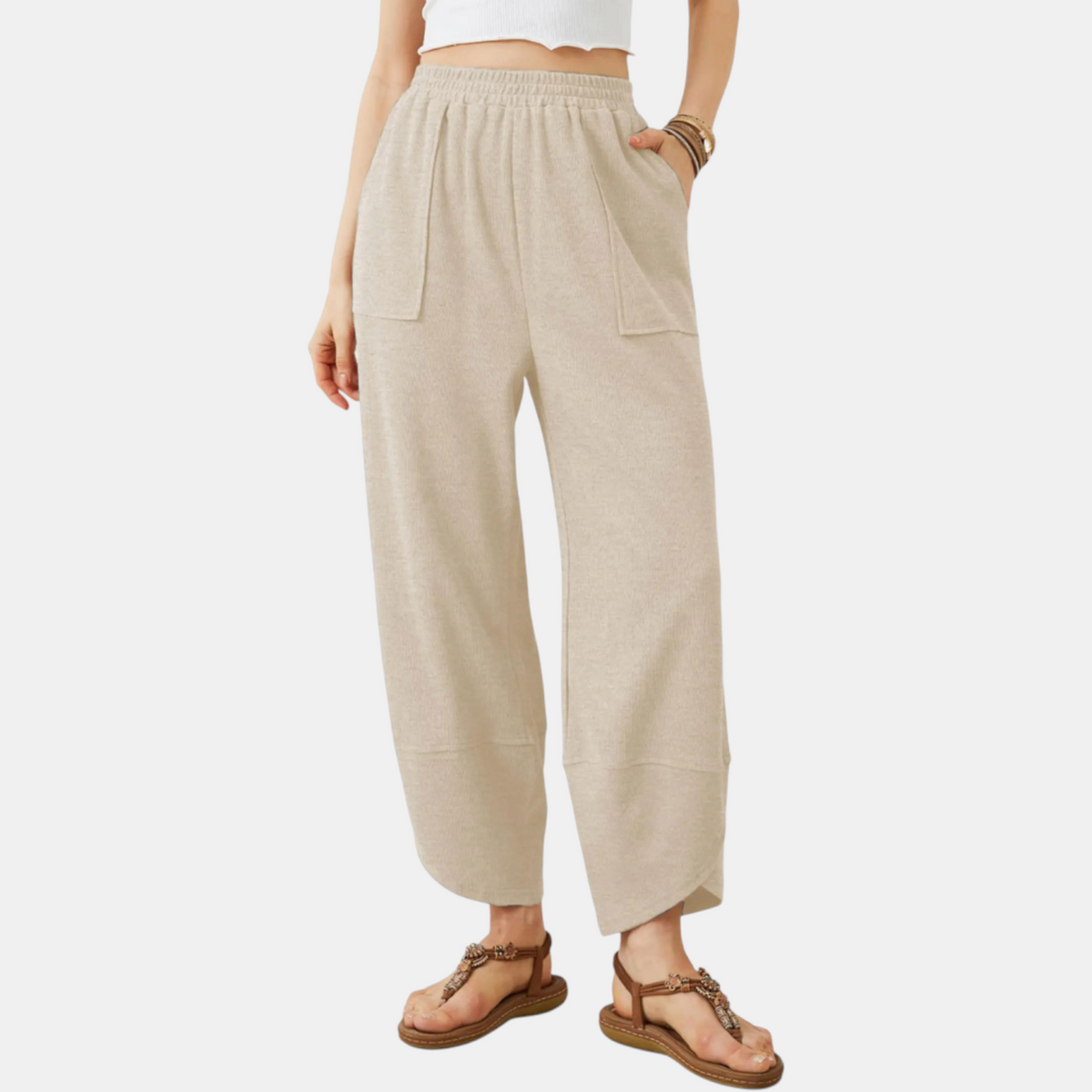 Women's Wide Leg Ribbed Knit Pants with Patch Pockets High Waist
