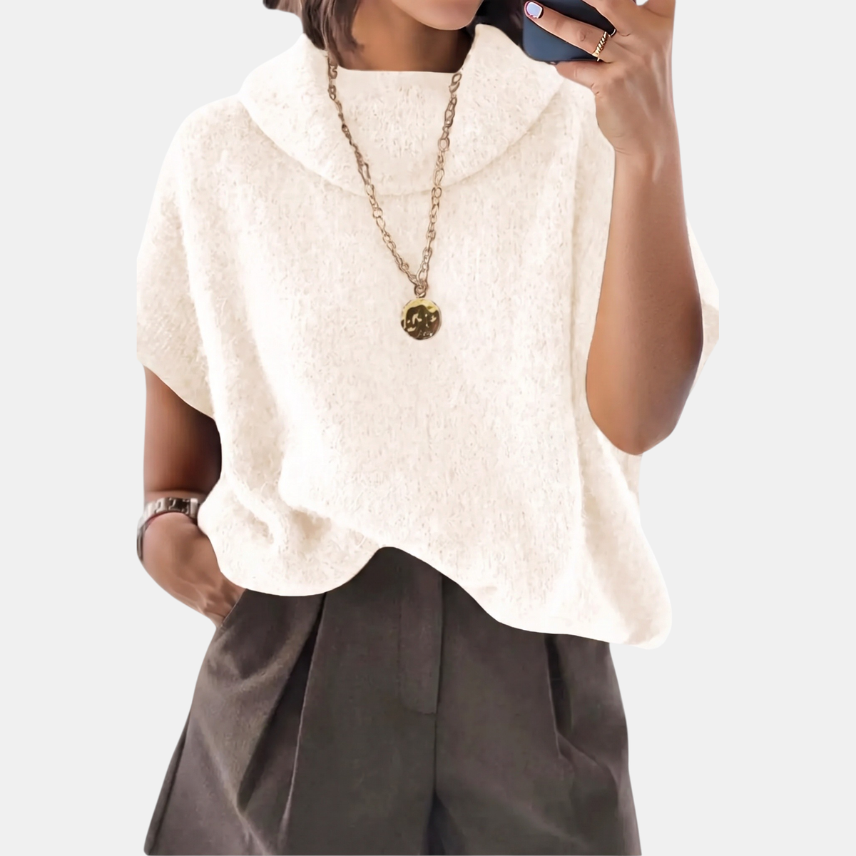 Women's Turtleneck Oversized Batwing Short Sleeve Knit Sweater