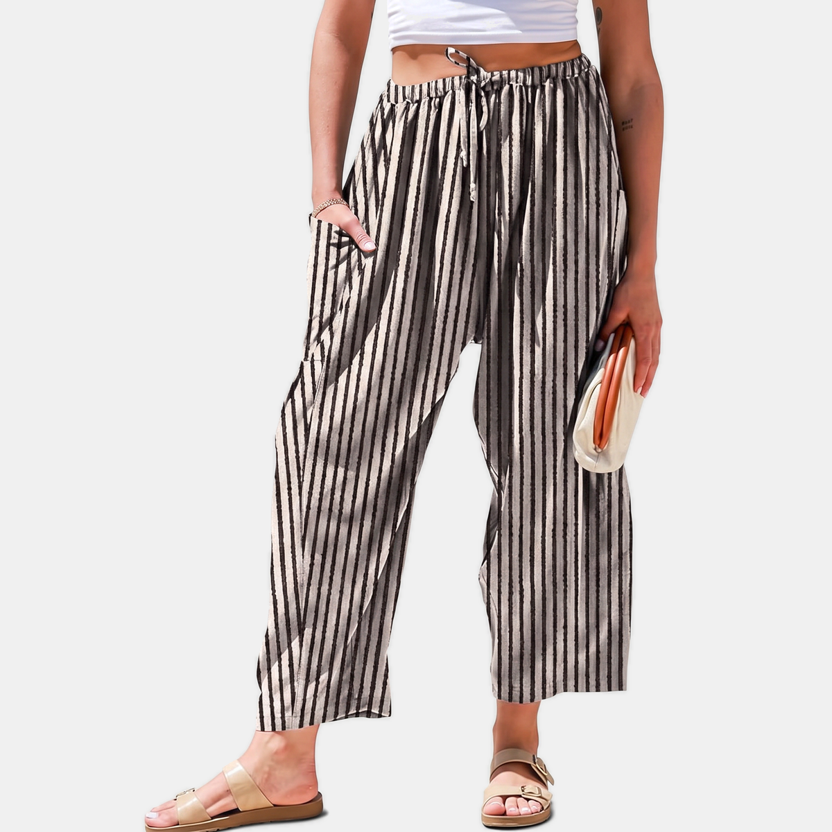 Women's Wide Leg Drawstring Pleated Linen Pants
