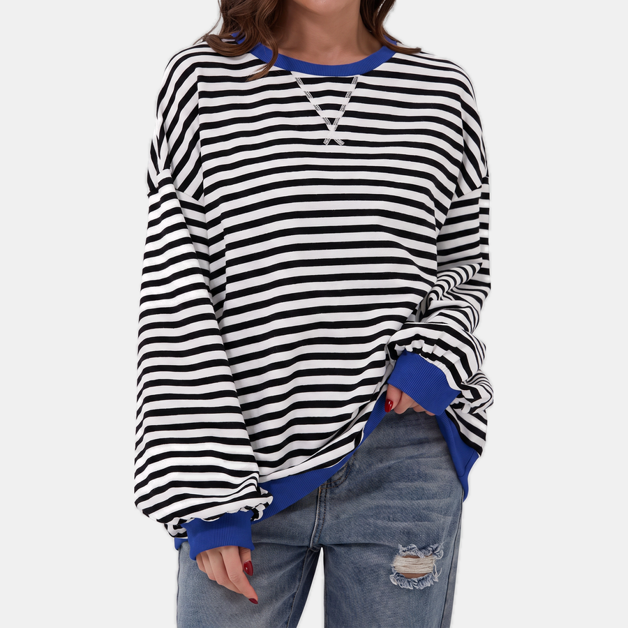 Women's Oversized Crewneck Striped Sweatshirt with Contrast Trim