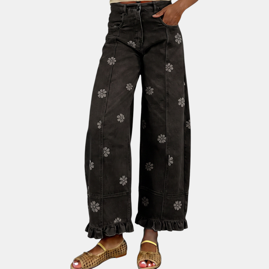 Women's Baggy Jeans Wide Leg Floral Ruffle Hem Denim Pants
