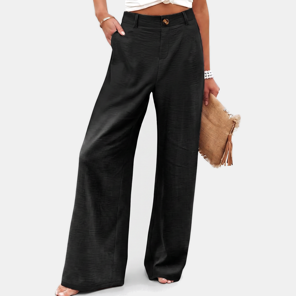 Women's Button Front Linen Pants High Waist Wide Leg Trousers