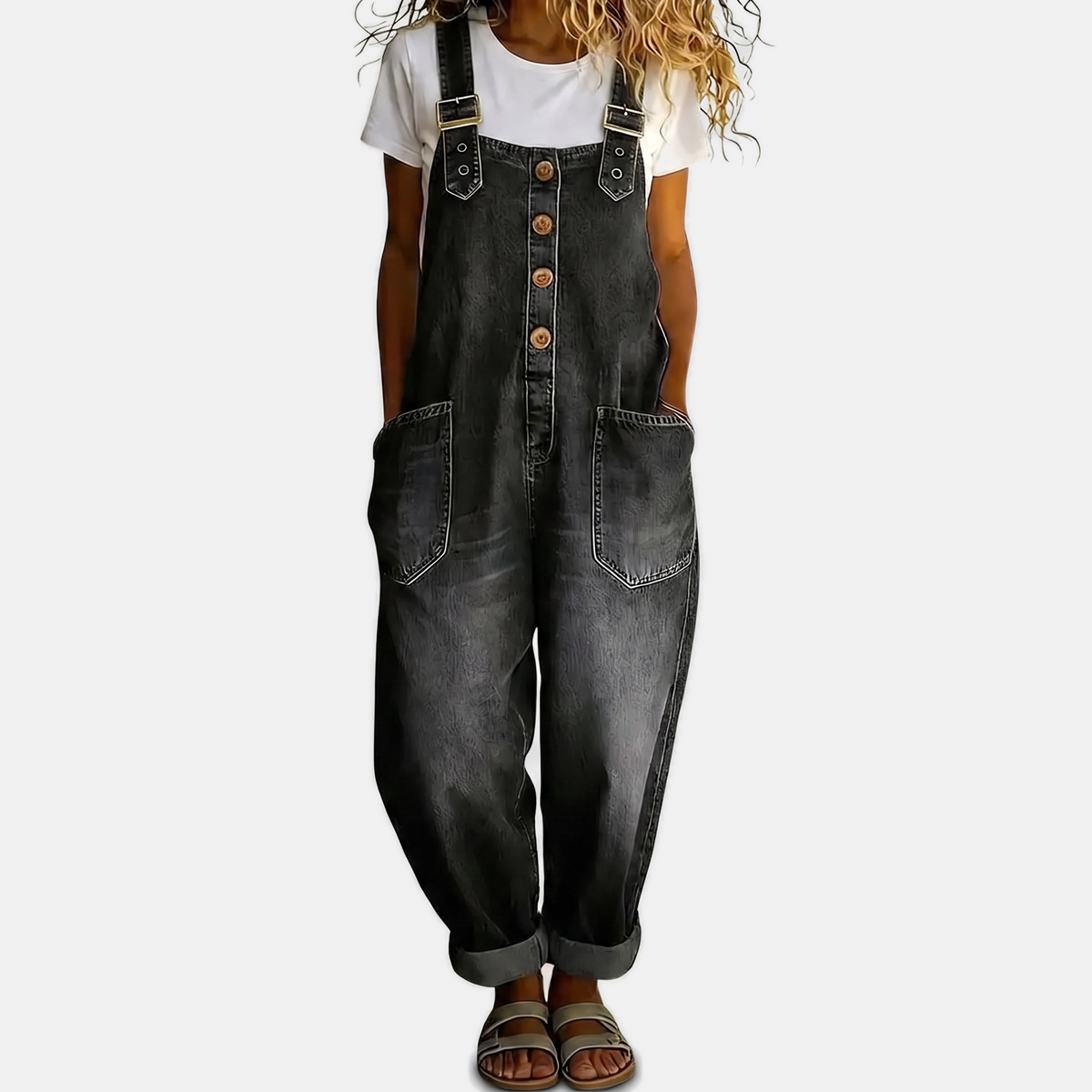 Women's Washed Wide Leg Bib Overall Denim Jumpsuit