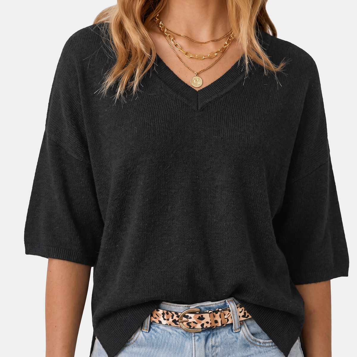 Women's Oversized Half Sleeve V-Neck Knit Sweater Top