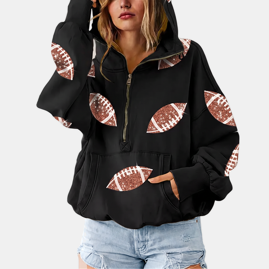 Women's Oversized Hoodie Half Zip Pullover with Sequin Football Print