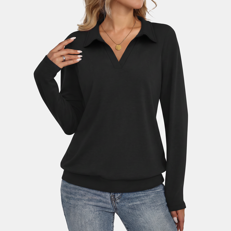 Women's Relaxed Polo Collar V-Neck Pullover Sweatshirt