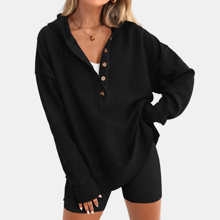 Women's Oversized Hoodie Button Front Ribbed Knit Pullover Sweatshirt