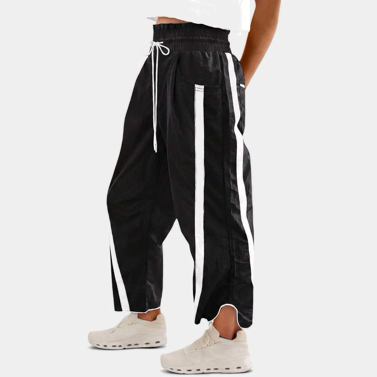 Women's Wide Leg Barrel Pants with Contrast Side Stripe Drawstring Waist