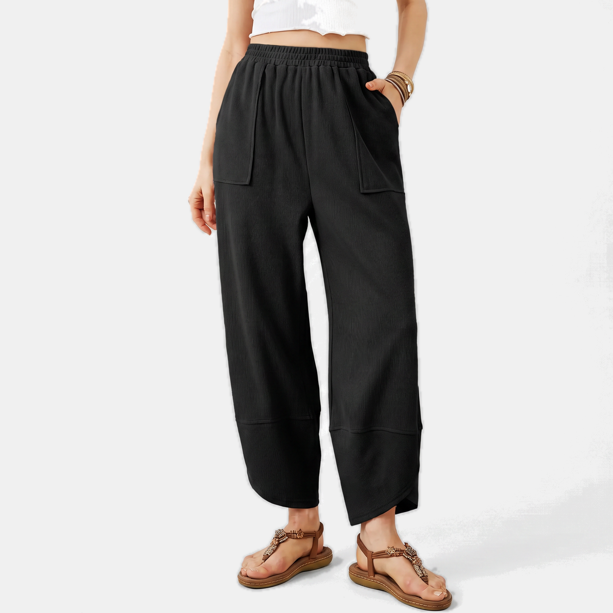Women's Wide Leg Ribbed Knit Pants with Patch Pockets High Waist