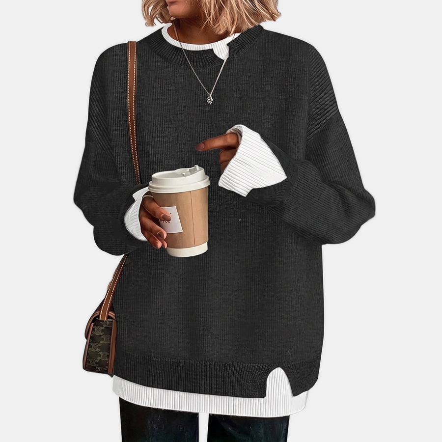 Women's Faux Layered Oversized Sweater with Ribbed Contrast Cuffs and Hem