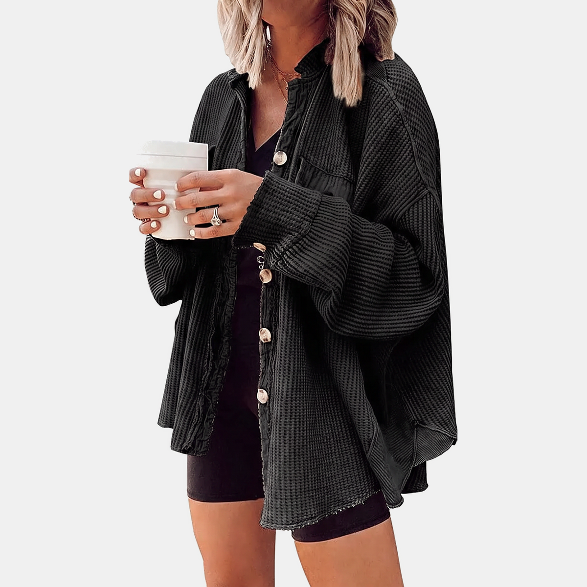 Women's Waffle Knit Raw Hem Button Down Shacket