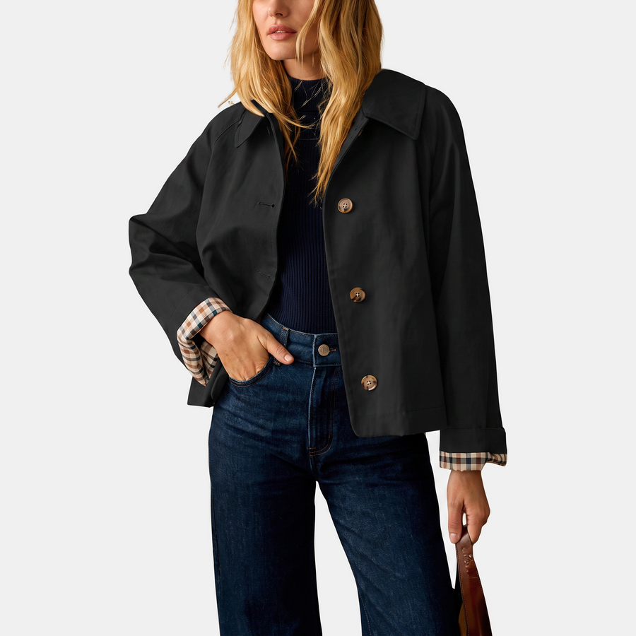 Women's Cropped Trench Coat Single Breasted with Checkered Lining