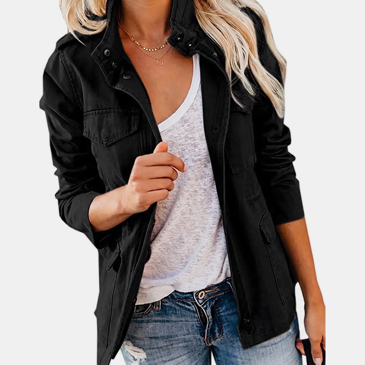 Women's Utility Field Jacket Zip Up Multi Pocket Snap Button Anorak