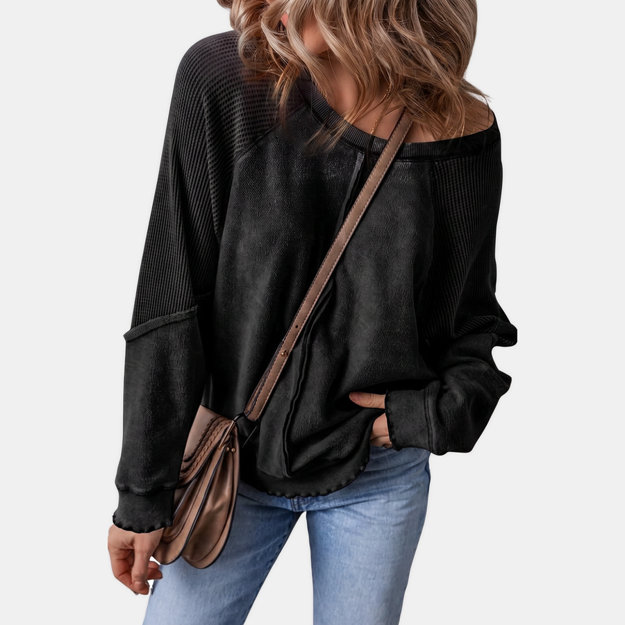 Women's Crewneck Exposed Seam Waffle Knit Oversized Sweatshirt