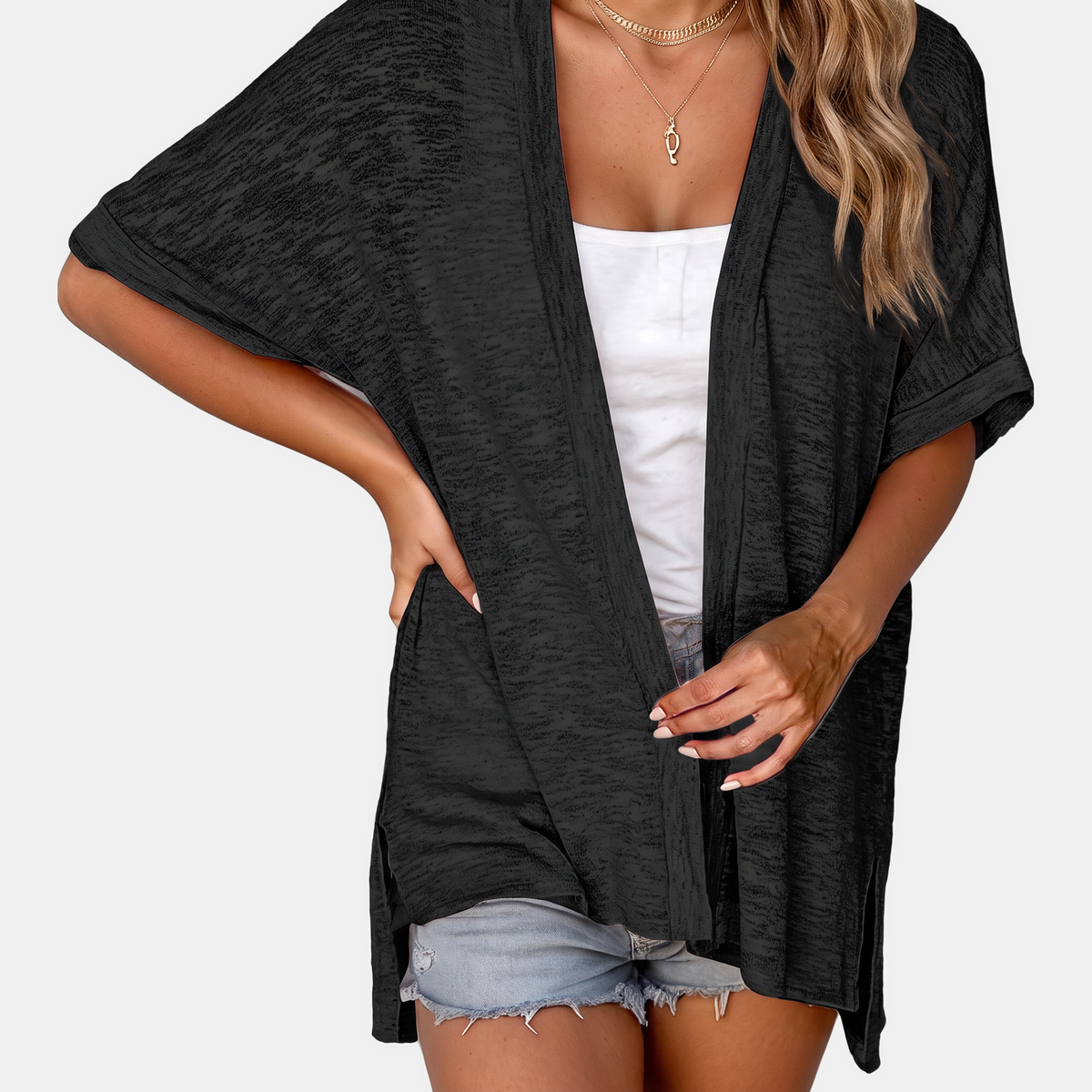 Women's Short Sleeve Open Front Cardigan Textured Knit High Low Hem