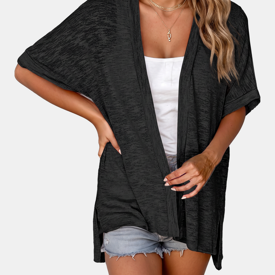 Women's Short Sleeve Open Front Cardigan Textured Knit High Low Hem