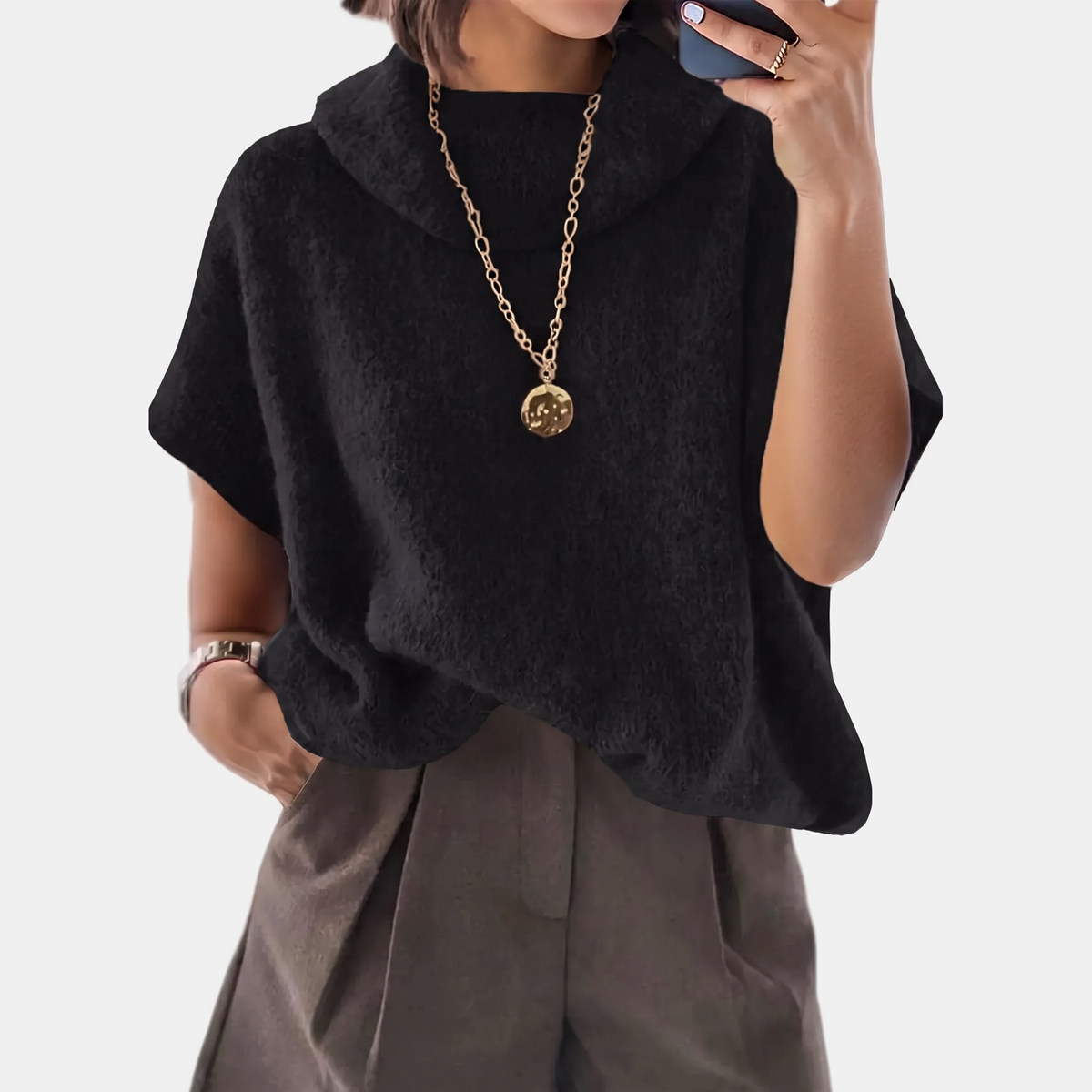 Women's Turtleneck Oversized Batwing Short Sleeve Knit Sweater