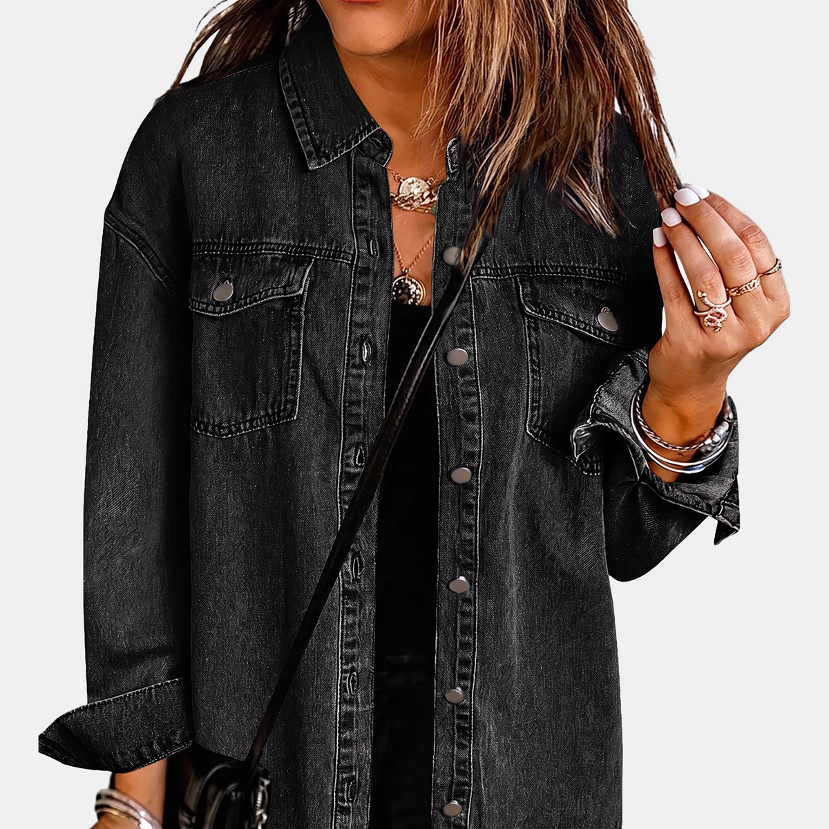 Women's Washed Snap Button Denim Jacket Oversized Fit