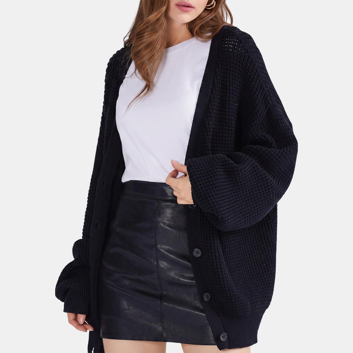 Women's Waffle Knit Cardigan Sweater with Balloon Sleeves