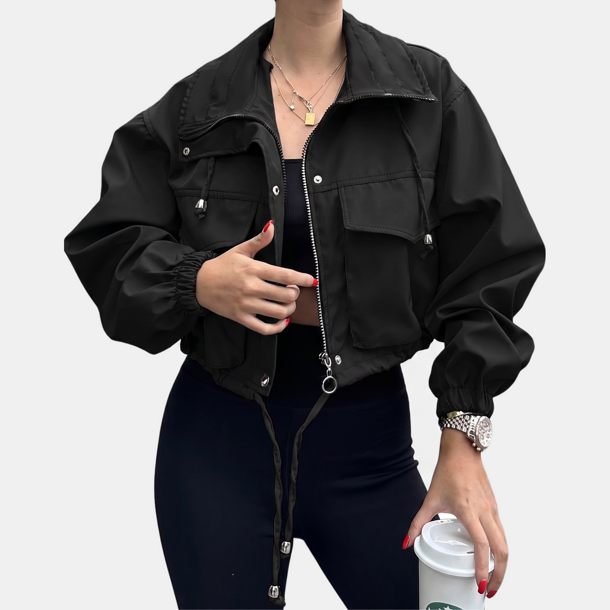 Women's Cropped Utility Zip Up Jacket with Snap Button Pockets