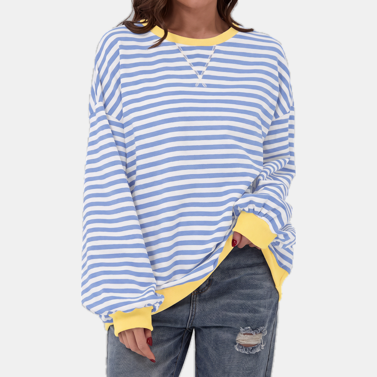 Women's Oversized Crewneck Striped Sweatshirt with Contrast Trim