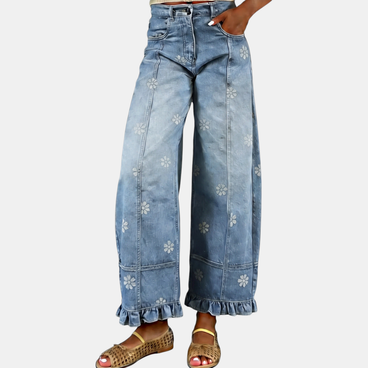 Women's Baggy Jeans Wide Leg Floral Ruffle Hem Denim Pants