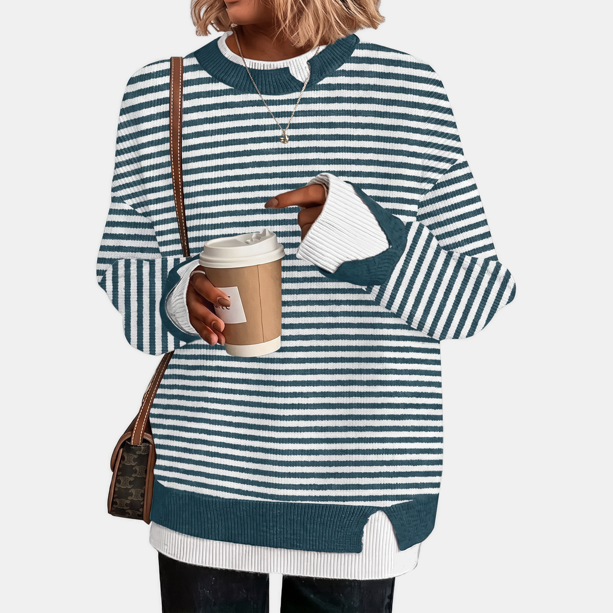 Women's Faux Layered Oversized Sweater with Ribbed Contrast Cuffs and Hem