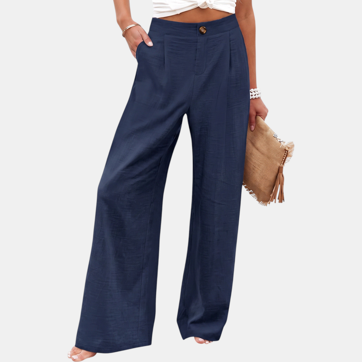 Women's Button Front Linen Pants High Waist Wide Leg Trousers
