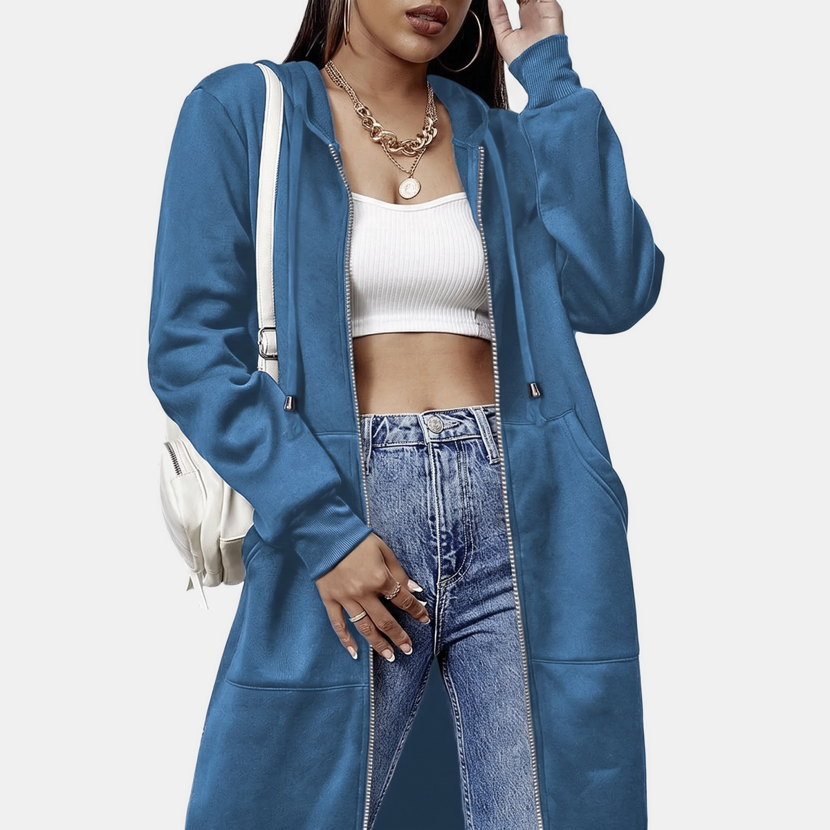 Women's Zip Up Oversized Hoodie Longline Fleece Sweatshirt