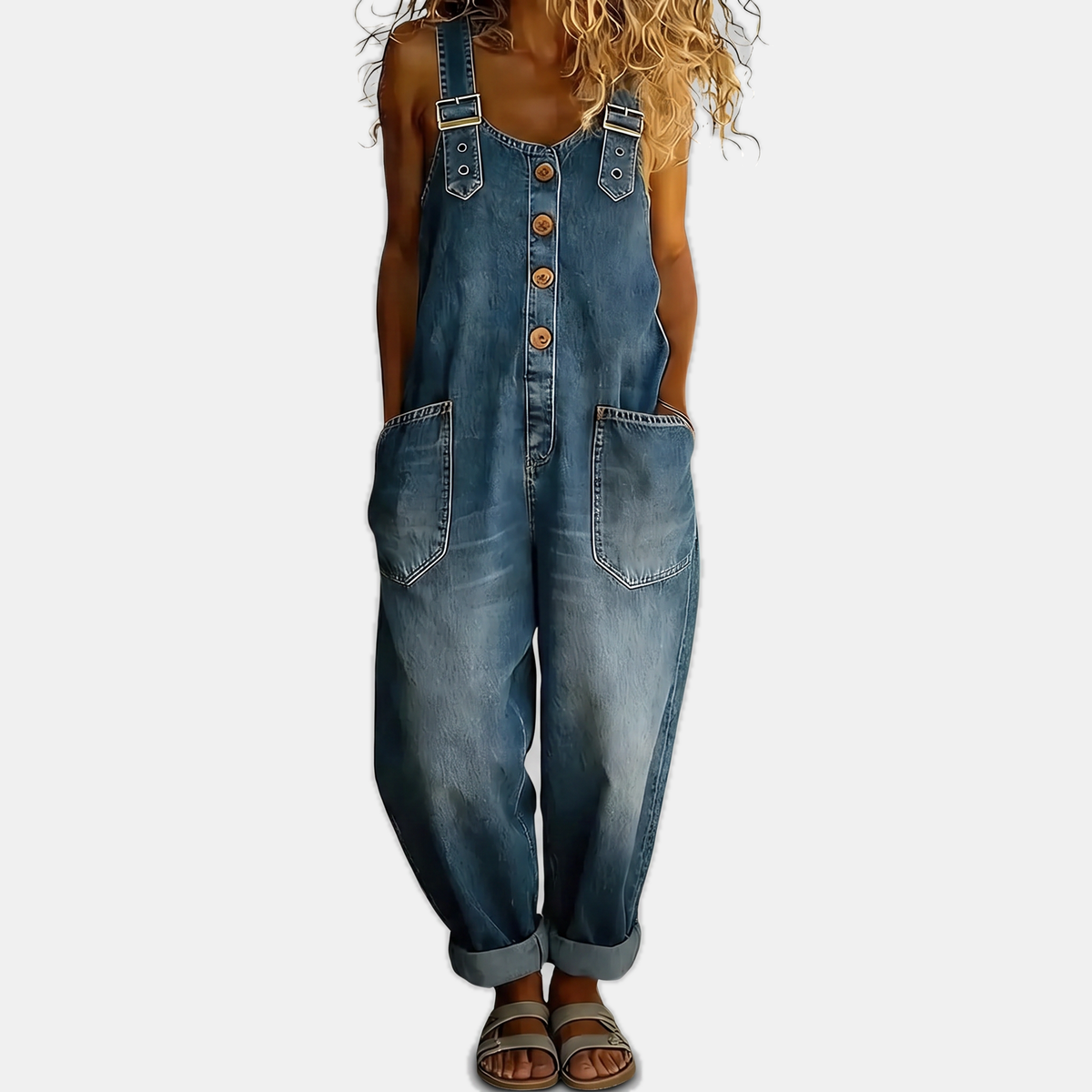 Women's Washed Wide Leg Bib Overall Denim Jumpsuit