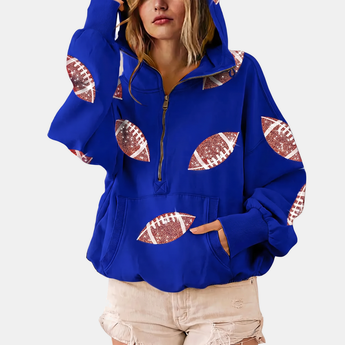 Women's Oversized Hoodie Half Zip Pullover with Sequin Football Print