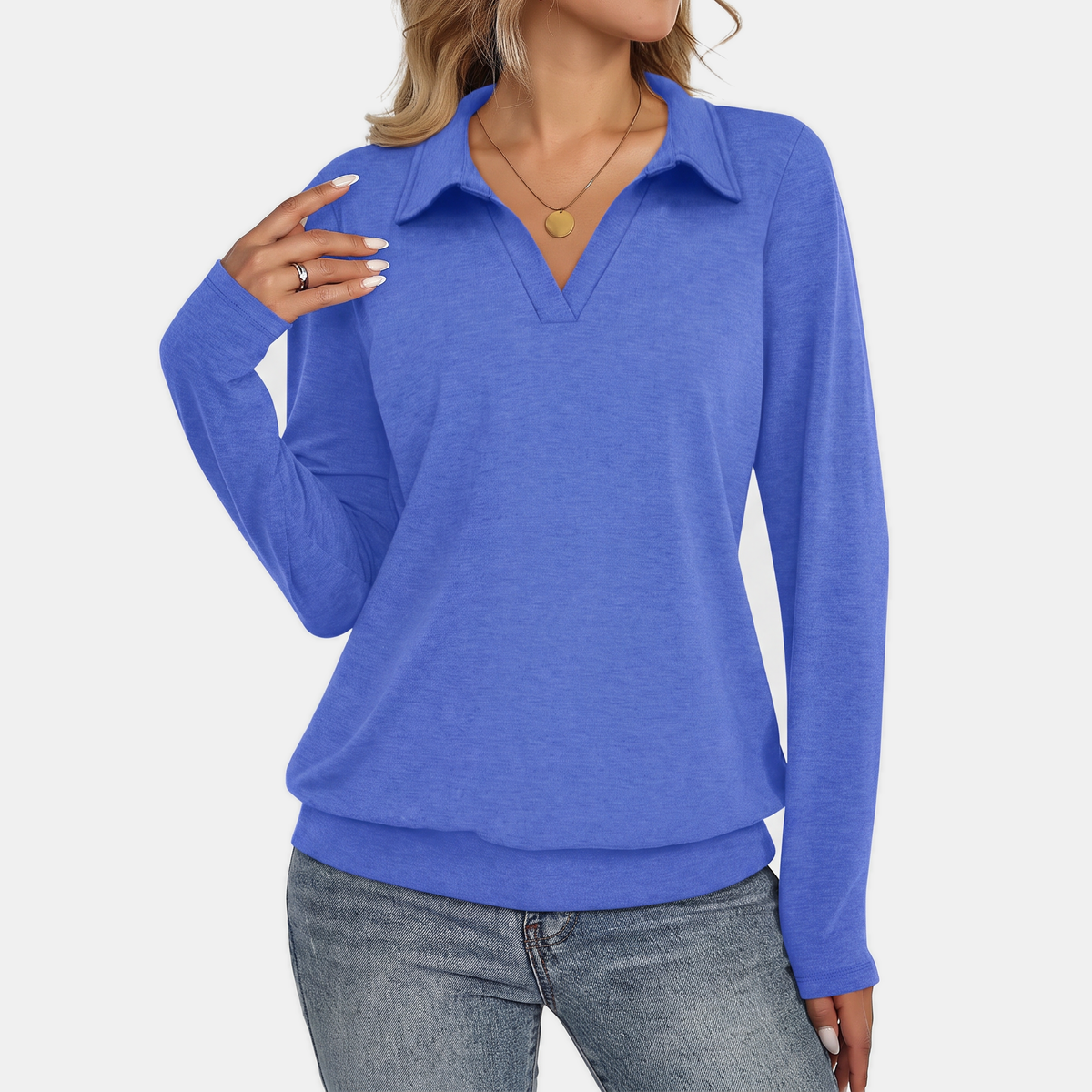 Women's Relaxed Polo Collar V-Neck Pullover Sweatshirt