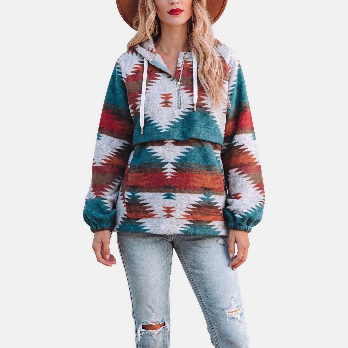 Oversized Quarter Zip Hoodie with Geometric Print